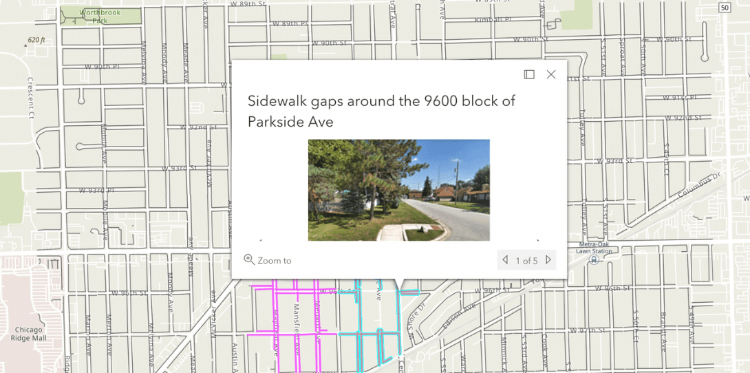 An interactive map of sidewalk features from Ecopia helps CMAP determine where there are gaps in local sidewalk networks and develop plans for improving neighborhood walkability